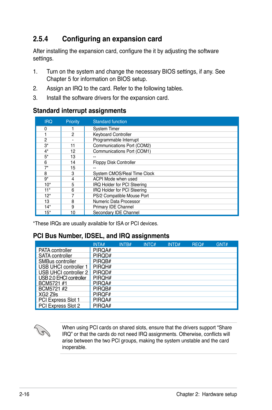 4 configuring an expansion.card, Standard.interrupt.assignments, Pci.bus.number,.idsel,.and.irq.assignments | Asus RS120-E5/PA2 User Manual | Page 34 / 156
