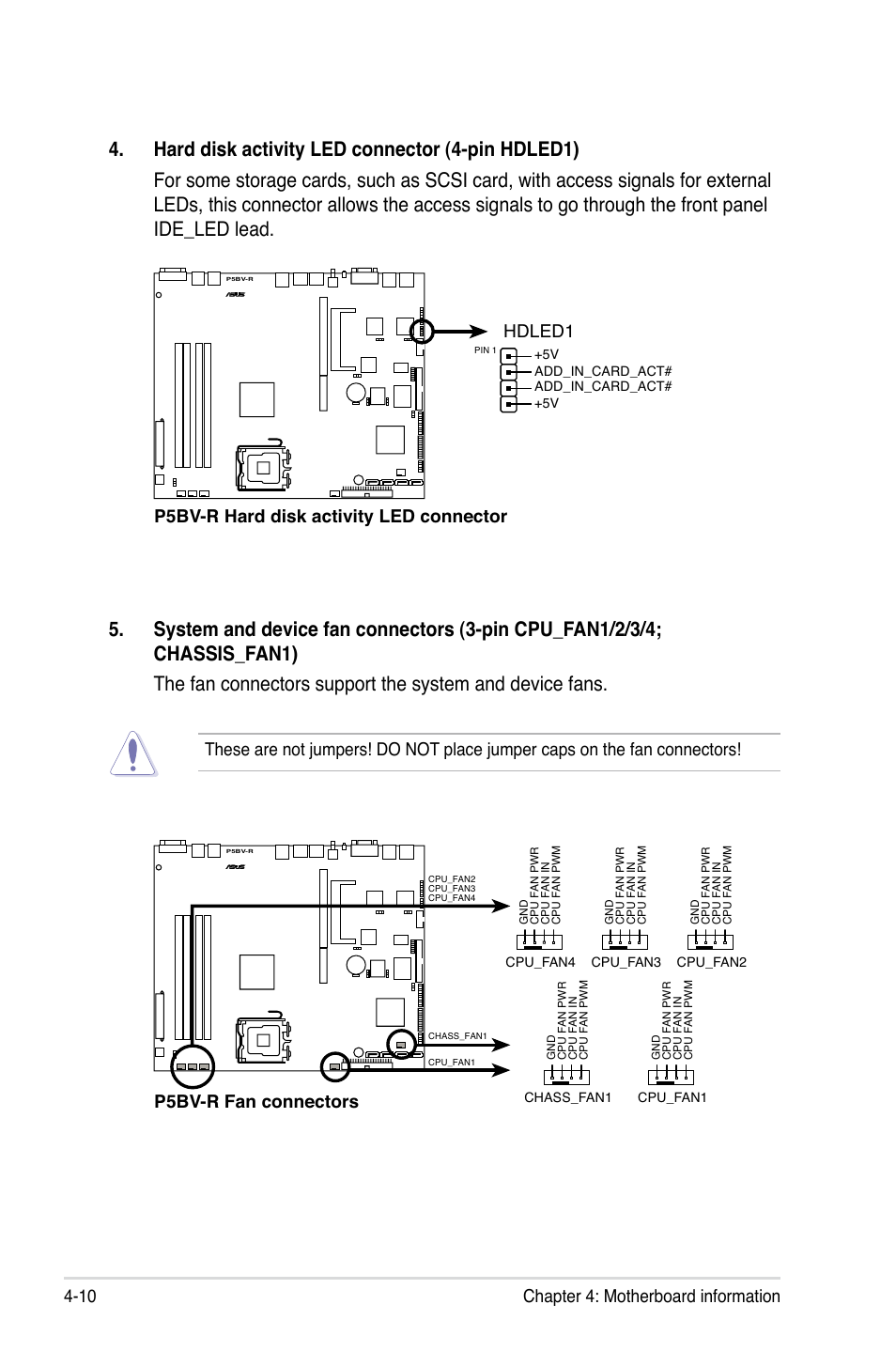 Chapter 4: motherboard information 4-10, P5bv-r hard disk activity led connector hdled1, P5bv-r fan connectors | Asus RS120-E5/PA2 User Manual | Page 60 / 156