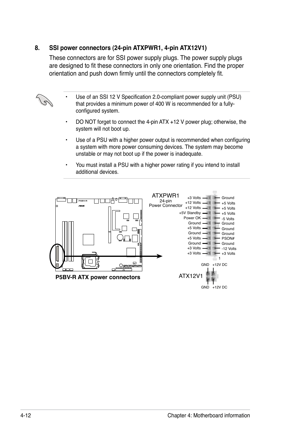Chapter 4: motherboard information 4-12, P5bv-r.atx.power.connectors, Atx12v1 atxpwr1 | Asus RS120-E5/PA2 User Manual | Page 62 / 156