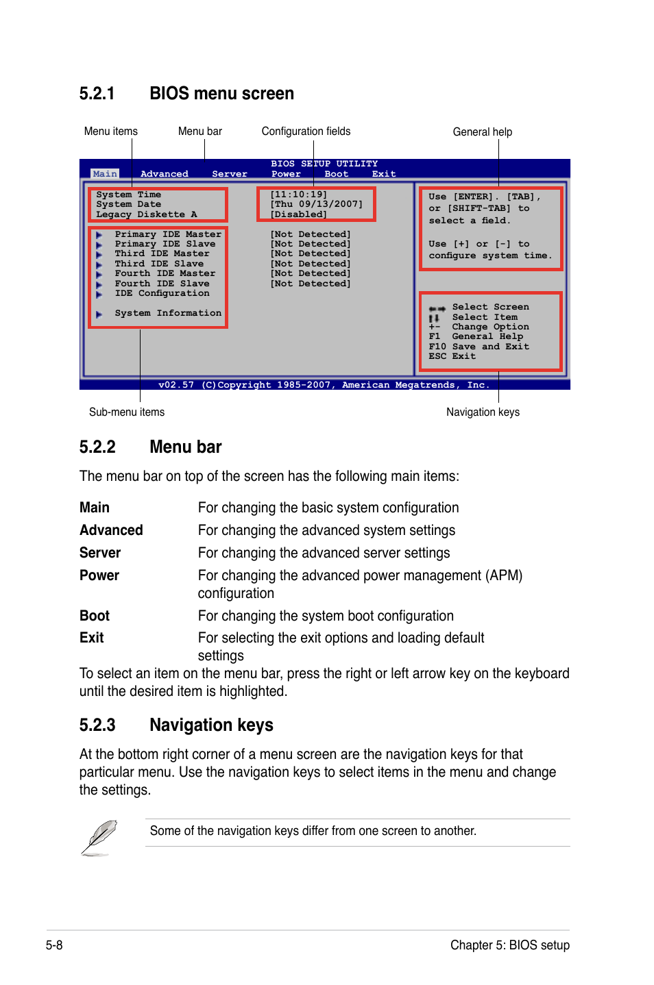 Menu.bar, Navigation.keys, Bios.menu.screen | Asus RS120-E5/PA2 User Manual | Page 74 / 156