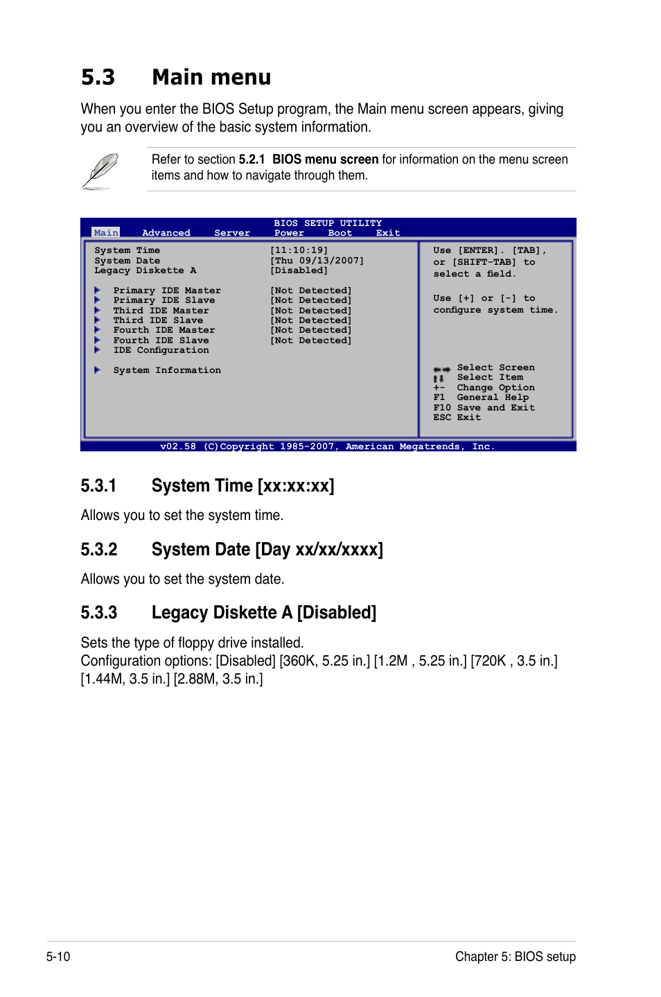 3 main menu, System.time.[xx:xx:xx, Legacy.diskette.a.[disabled | Allows you to set the system time, Allows you to set the system date | Asus RS120-E5/PA2 User Manual | Page 76 / 156