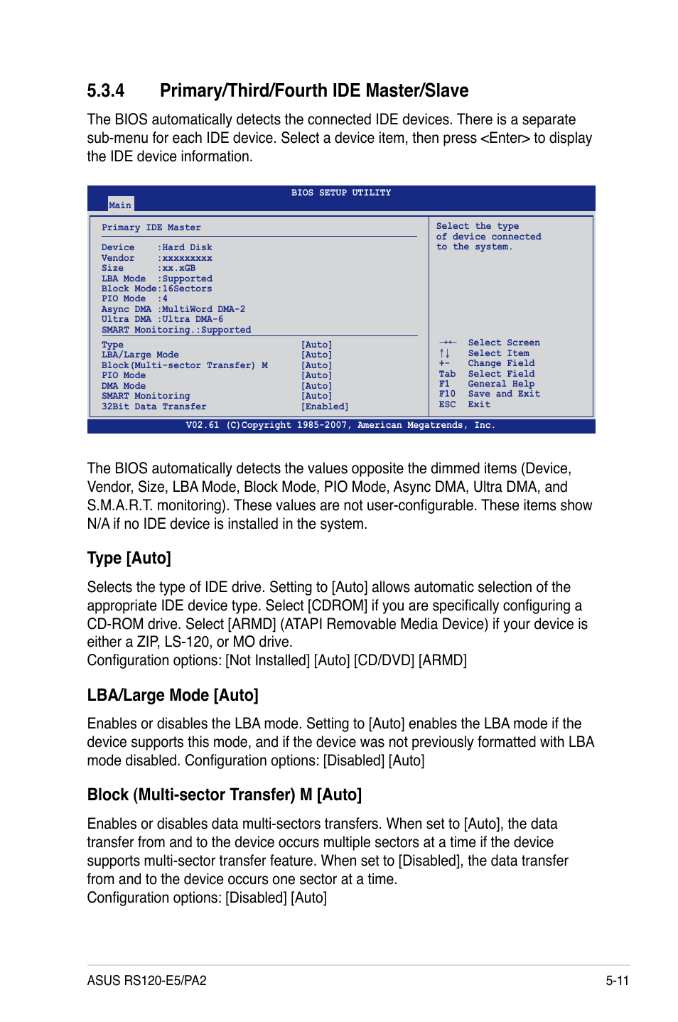 Primary/third/fourth.ide.master/slave, Type.[auto, Lba/large.mode.[auto | Block.(multi-sector.transfer).m.[auto | Asus RS120-E5/PA2 User Manual | Page 77 / 156