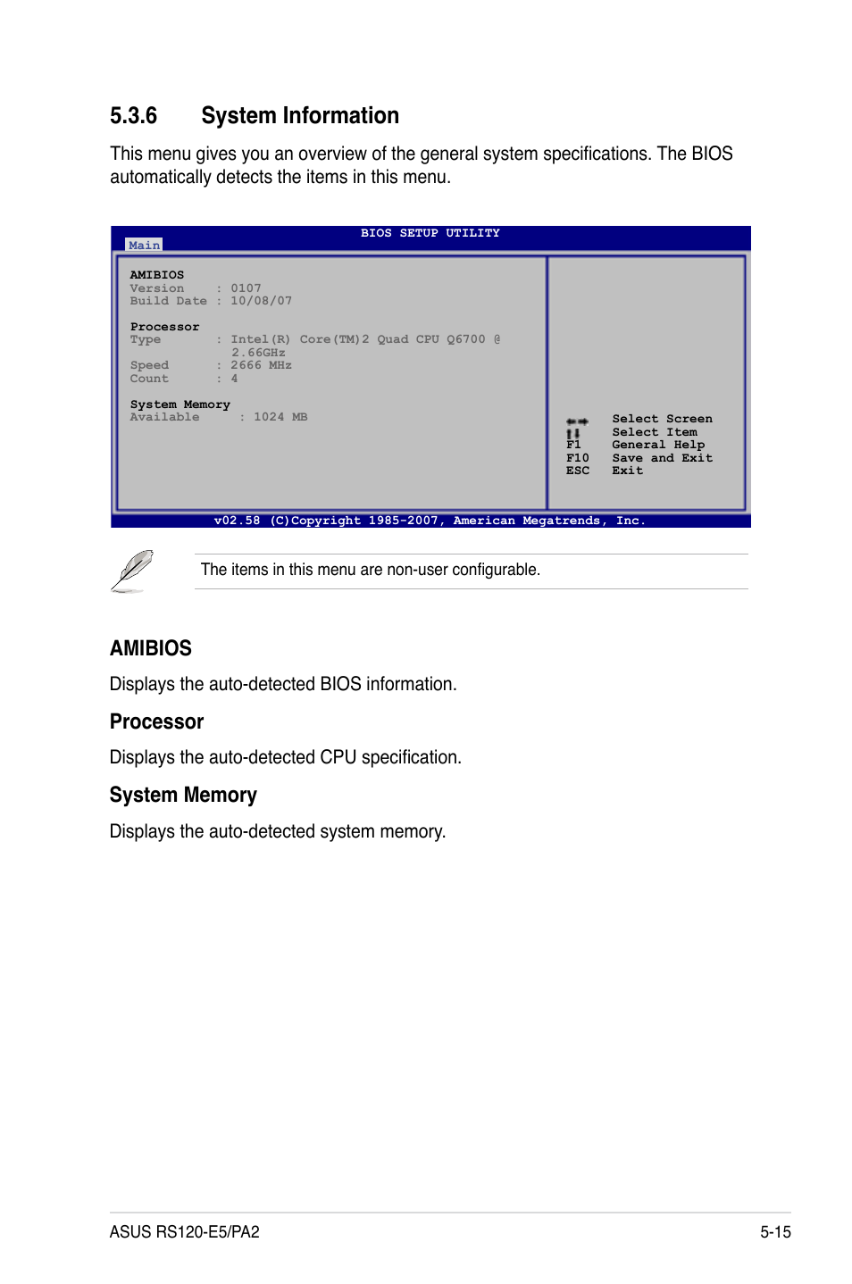 System.information, Amibios, Processor | Displays the auto-detected bios information, Displays the auto-detected cpu specification | Asus RS120-E5/PA2 User Manual | Page 81 / 156