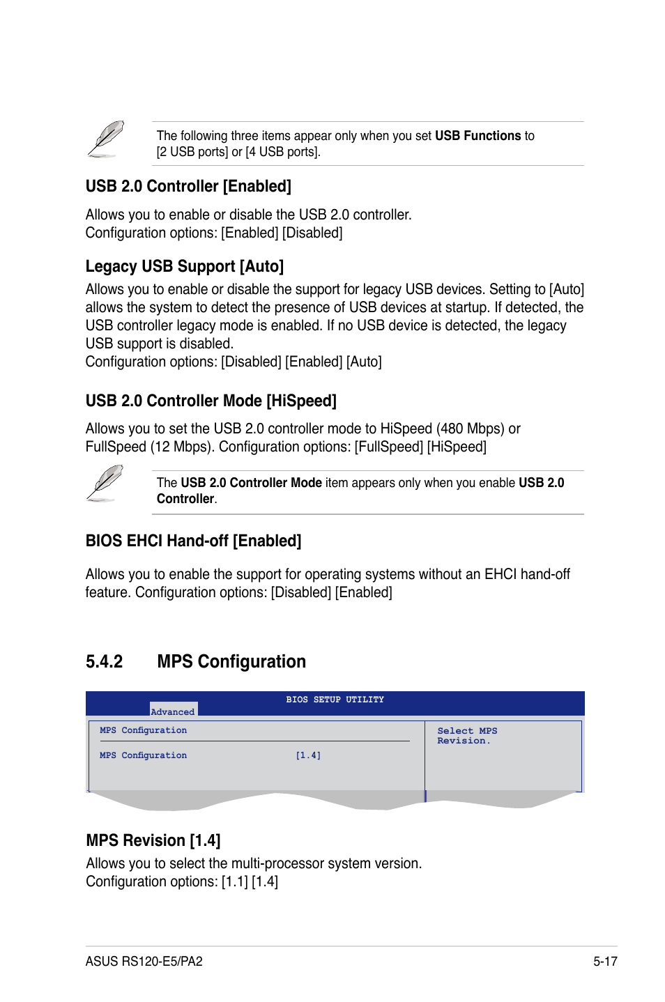 2 mps configuration, Usb.2.0.controller.[enabled, Usb.2.0.controller.mode.[hispeed | Bios.ehci.hand-off.[enabled, Mps.revision.[1.4 | Asus RS120-E5/PA2 User Manual | Page 83 / 156