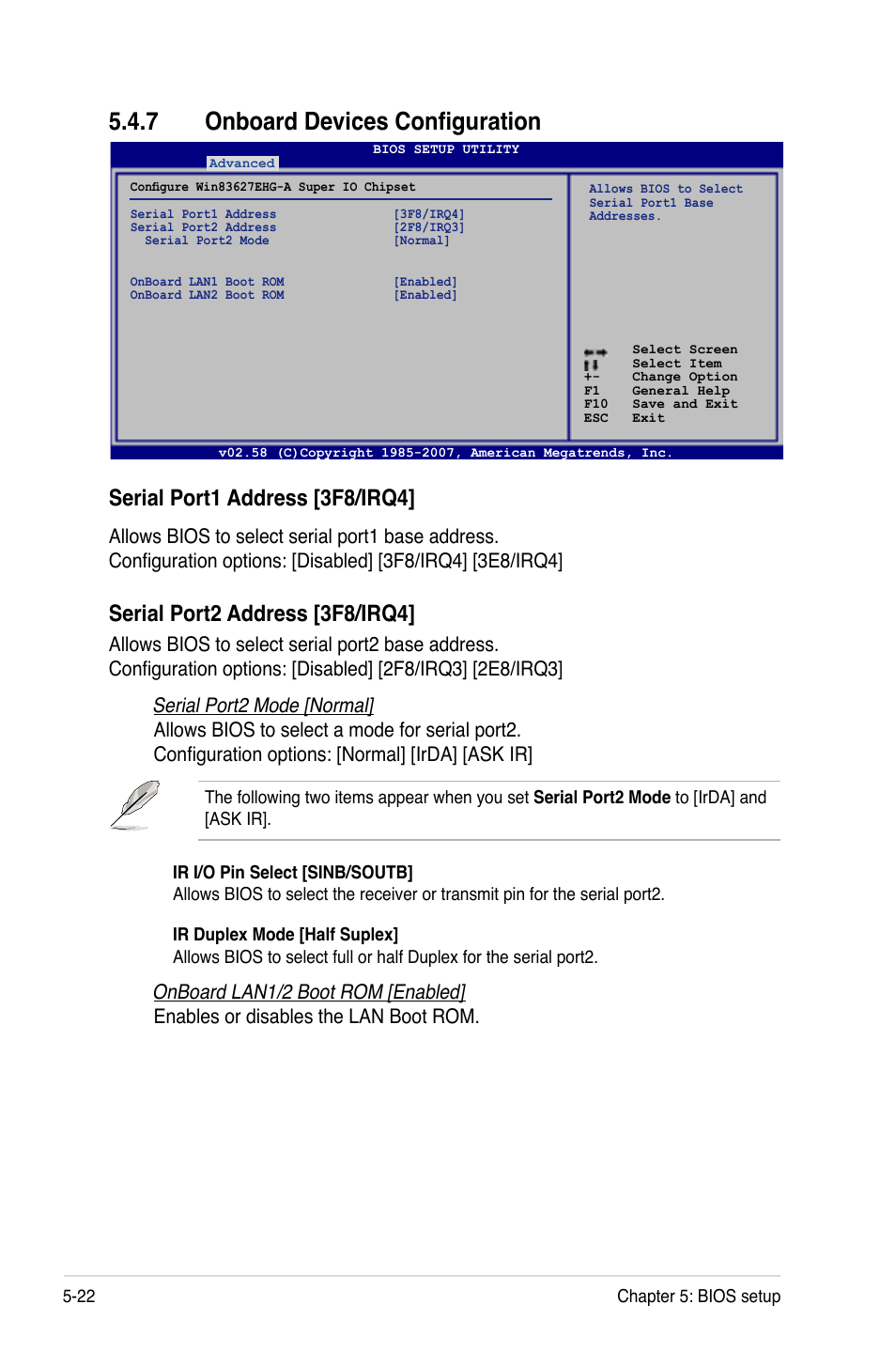 7 onboard devices configuration, Serial.port1.address.[3f8/irq4, Serial.port2.address.[3f8/irq4 | Asus RS120-E5/PA2 User Manual | Page 88 / 156