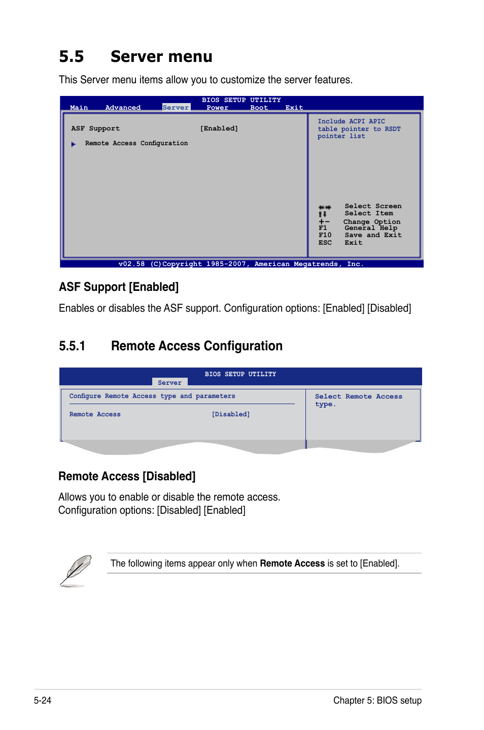 5 server menu, 1 remote access configuration, Remote.access.[disabled | Asf.support.[enabled | Asus RS120-E5/PA2 User Manual | Page 90 / 156