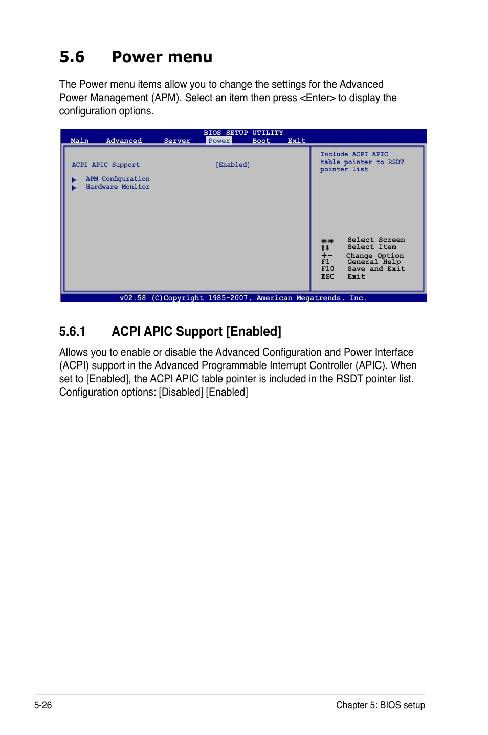 6 power menu, Acpi.apic.support.[enabled | Asus RS120-E5/PA2 User Manual | Page 92 / 156