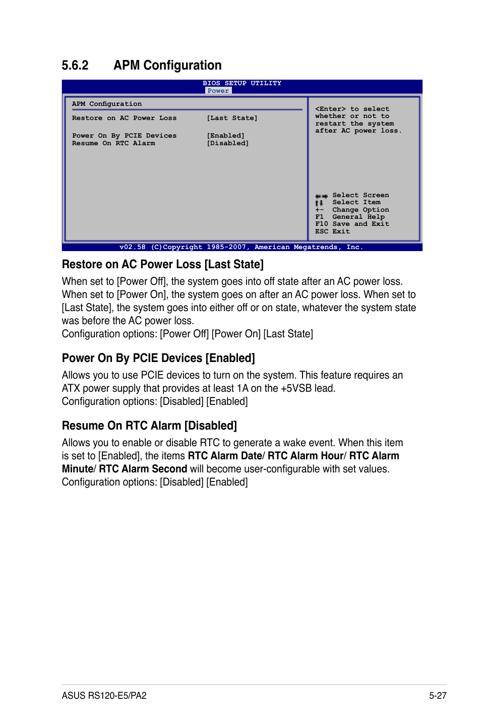 2 apm configuration, Restore.on.ac.power.loss.[last.state, Power.on.by.pcie.devices.[enabled | Resume.on.rtc.alarm.[disabled | Asus RS120-E5/PA2 User Manual | Page 93 / 156