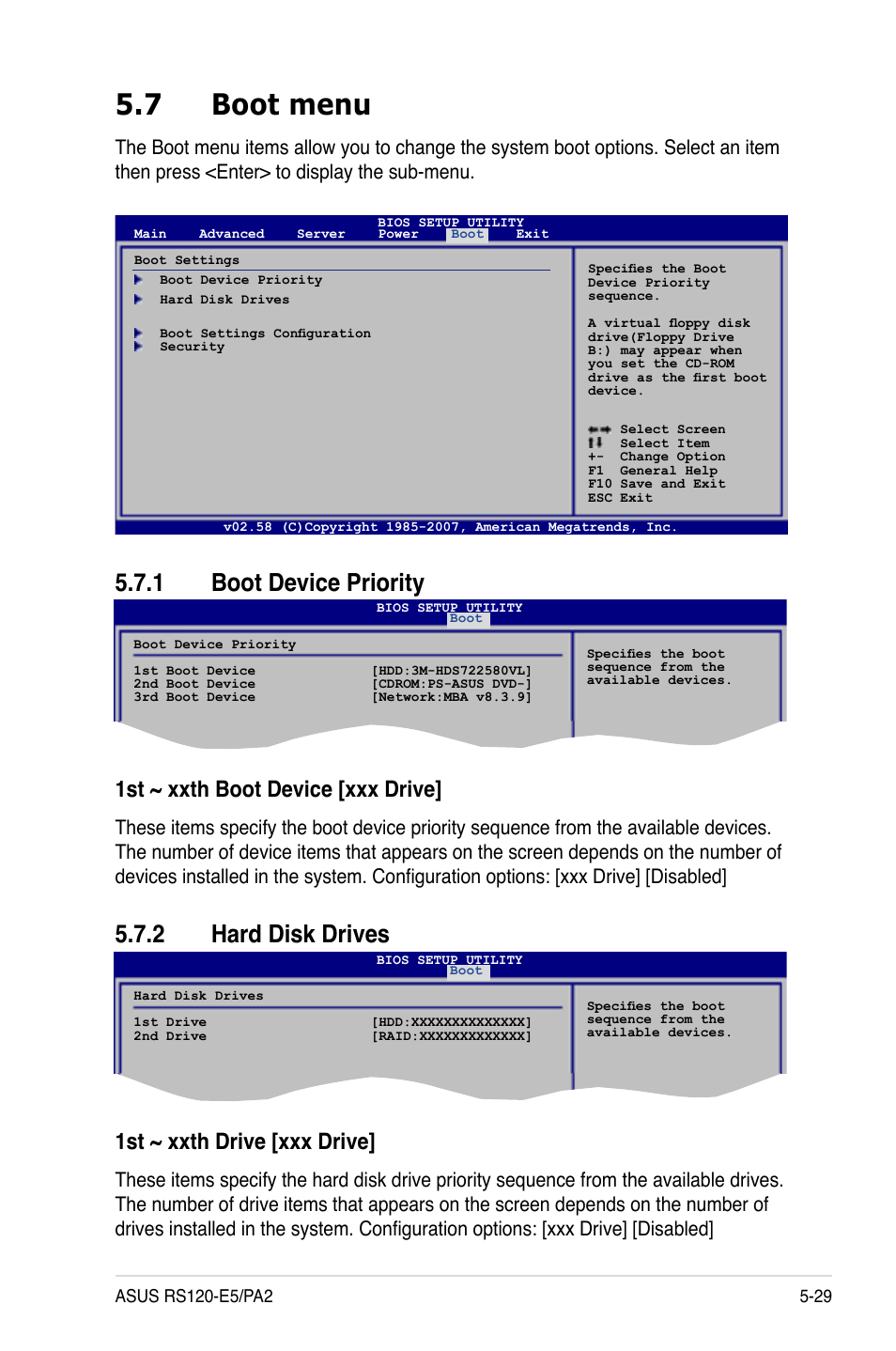 7 boot menu, Boot.device.priority, Hard.disk.drives | 1st.~.xxth.boot.device.[xxx.drive, 1st.~.xxth.drive.[xxx.drive | Asus RS120-E5/PA2 User Manual | Page 95 / 156