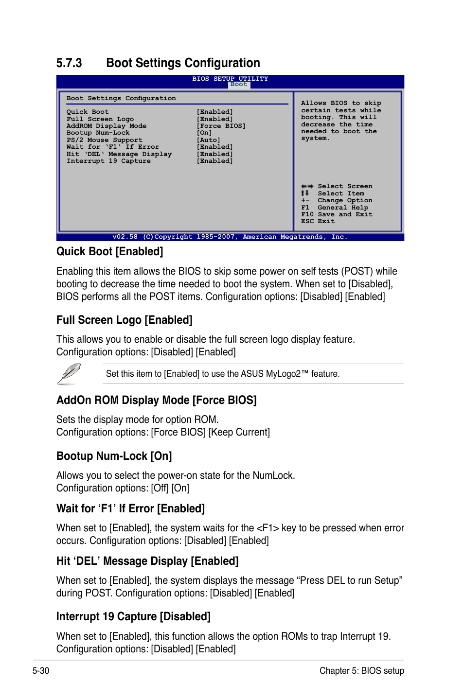 3 boot settings configuration, Quick.boot.[enabled, Full.screen.logo.[enabled | Addon.rom.display.mode.[force.bios, Bootup.num-lock.[on, Wait.for.‘f1’.if.error.[enabled, Hit.‘del’.message.display.[enabled, Interrupt.19.capture.[disabled | Asus RS120-E5/PA2 User Manual | Page 96 / 156