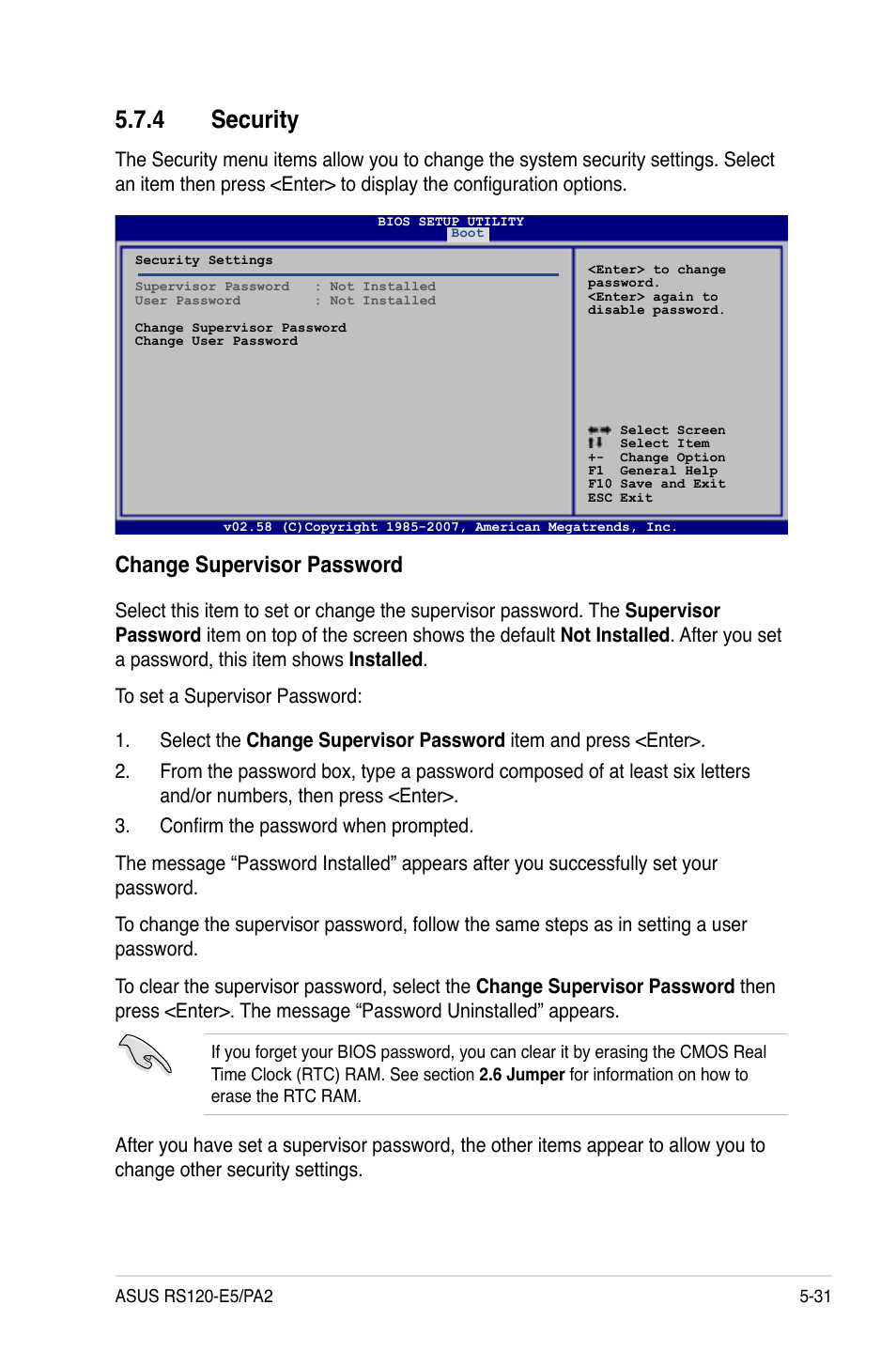 Security, Change.supervisor.password | Asus RS120-E5/PA2 User Manual | Page 97 / 156