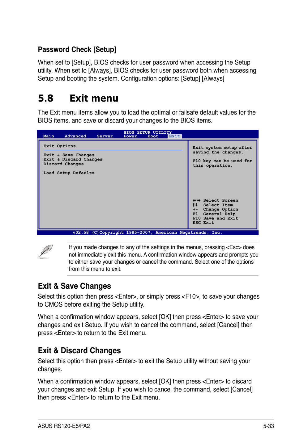 8 exit menu, Exit.&.save.changes, Exit.&.discard.changes | Password.check.[setup | Asus RS120-E5/PA2 User Manual | Page 99 / 156