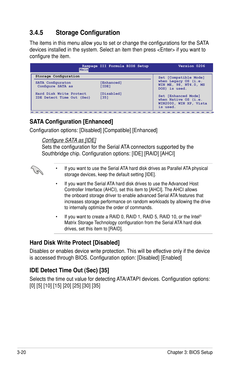 5 storage configuration, Sata configuration [enhanced, Hard disk write protect �disabled | Ide detect time out (sec) �35 | Asus Rampage III Formula User Manual | Page 104 / 172