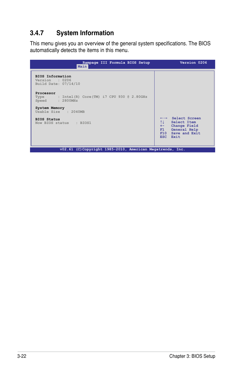 7 system information, 22 chapter 3: bios setup | Asus Rampage III Formula User Manual | Page 106 / 172