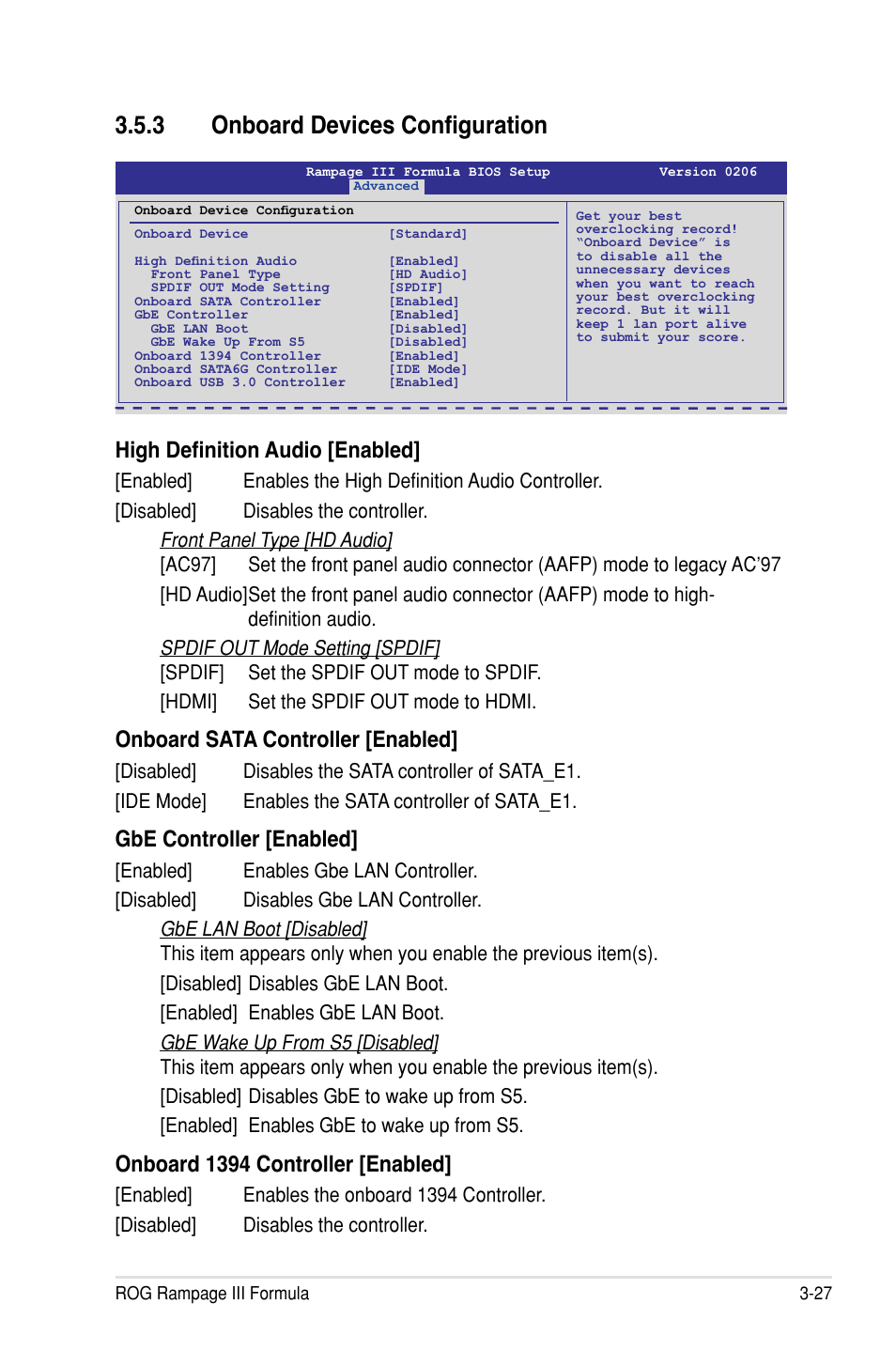 � onboard devices configuration, High definition audio [enabled, Onboard sata controller �enabled | Gbe controller �enabled, Onboard 1394 controller �enabled | Asus Rampage III Formula User Manual | Page 111 / 172