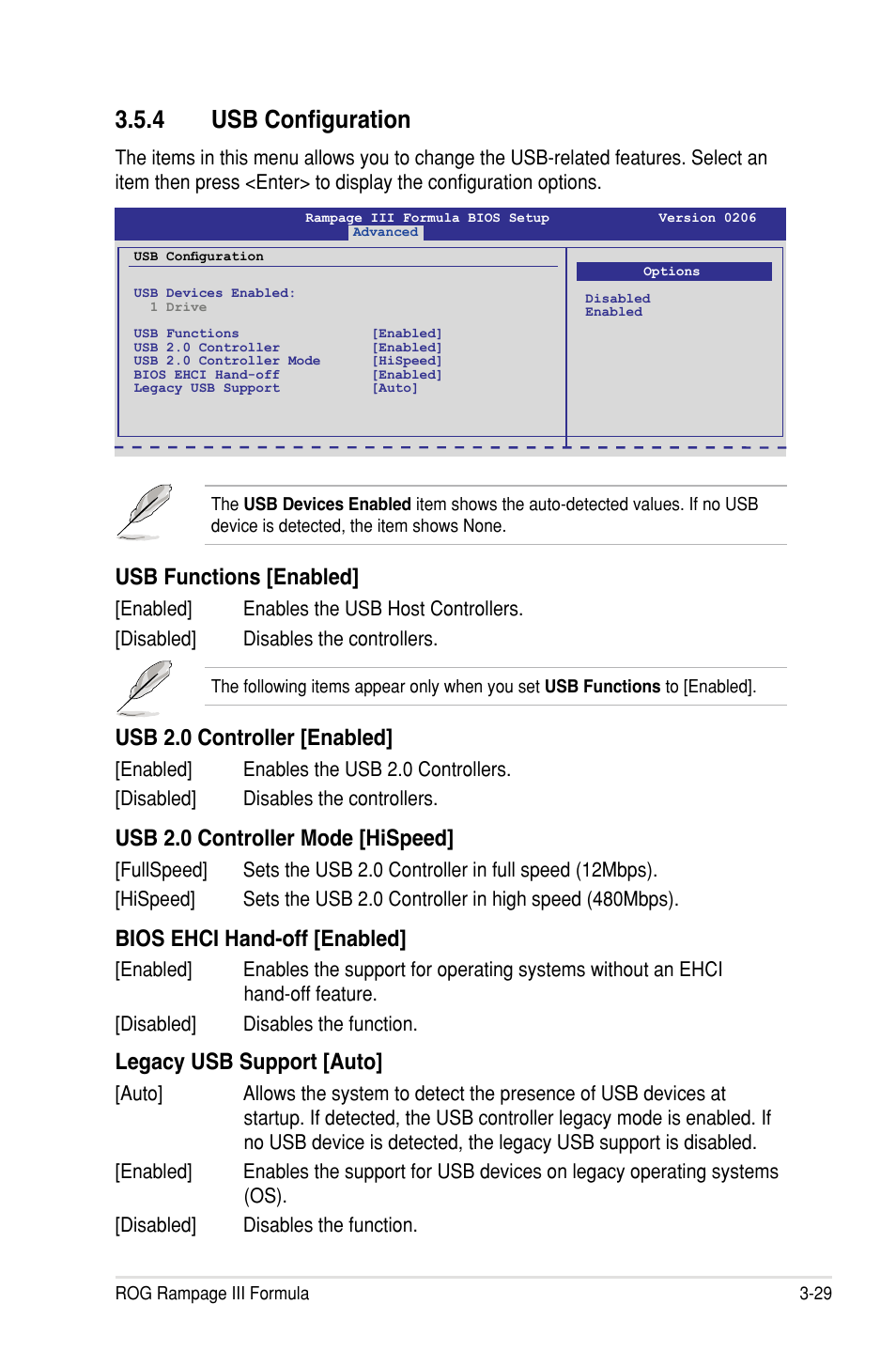 4 usb configuration, Usb functions �enabled, Usb 2.0 controller �enabled | Usb 2.0 controller mode �hispeed, Bios ehci hand-off �enabled, Legacy usb support �auto | Asus Rampage III Formula User Manual | Page 113 / 172