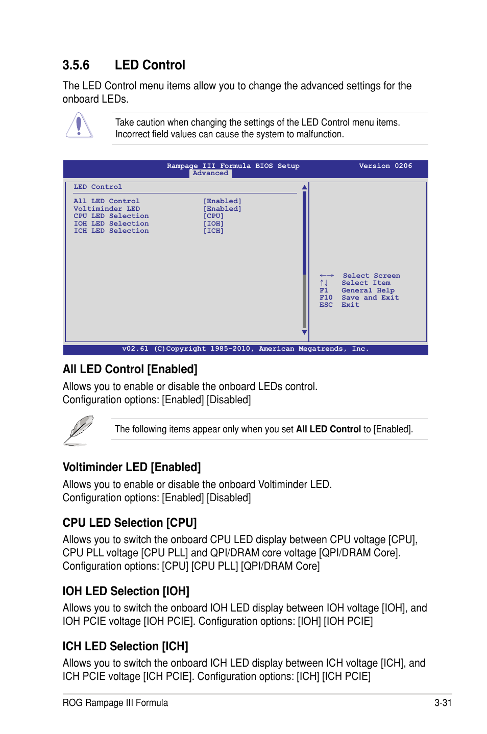 6 led control, All led control �enabled, Voltiminder led �enabled | Cpu led selection �cpu, Ioh led selection �ioh, Ich led selection �ich | Asus Rampage III Formula User Manual | Page 115 / 172