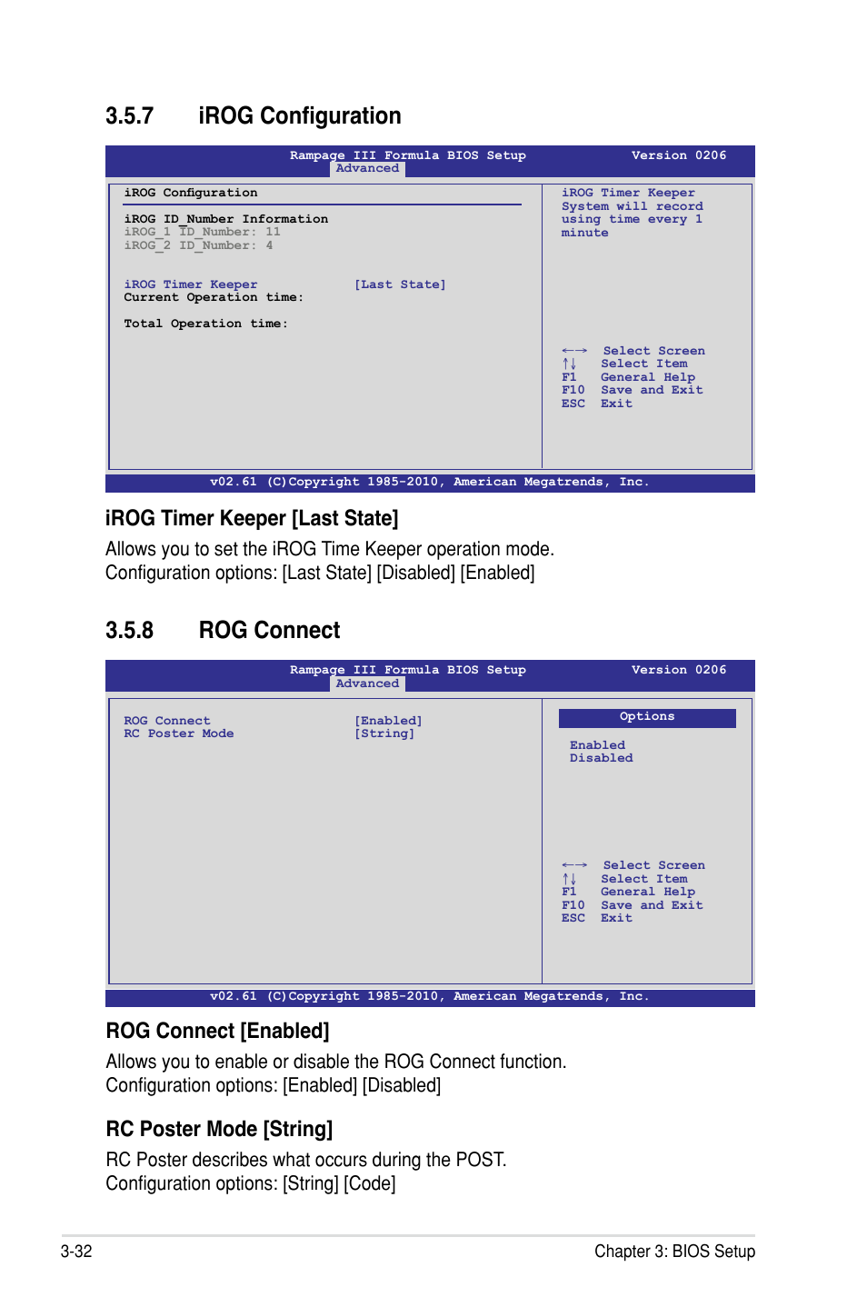 7 irog configuration, 8 rog connect, Irog timer keeper �last state | Rog connect �enabled, Rc poster mode �string | Asus Rampage III Formula User Manual | Page 116 / 172