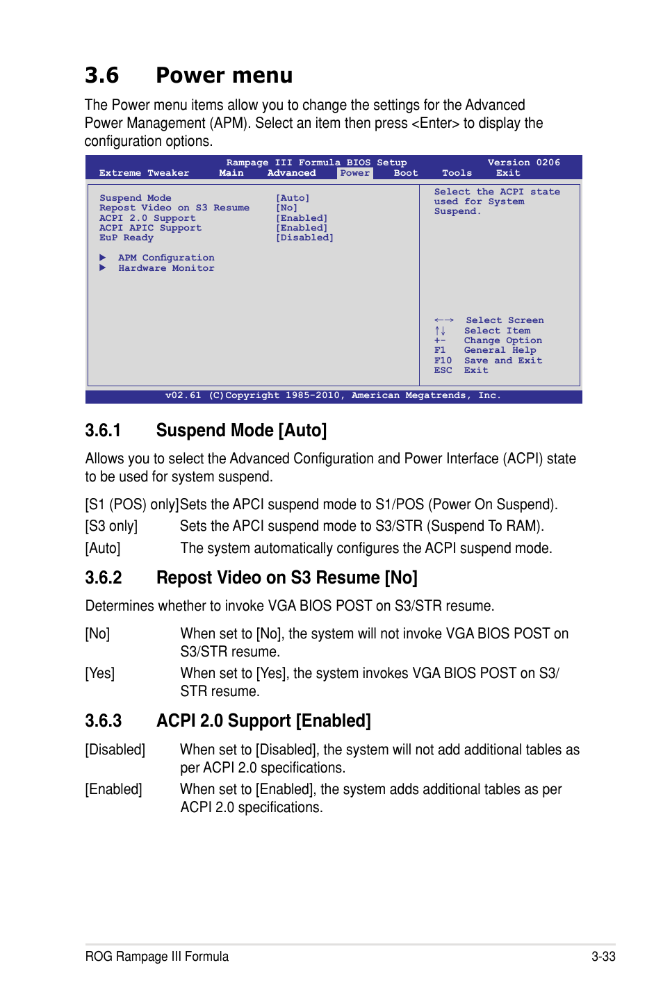 6 power menu, 1 suspend mode �auto, 2 repost video on s3 resume �no | 3 acpi 2.0 support �enabled | Asus Rampage III Formula User Manual | Page 117 / 172