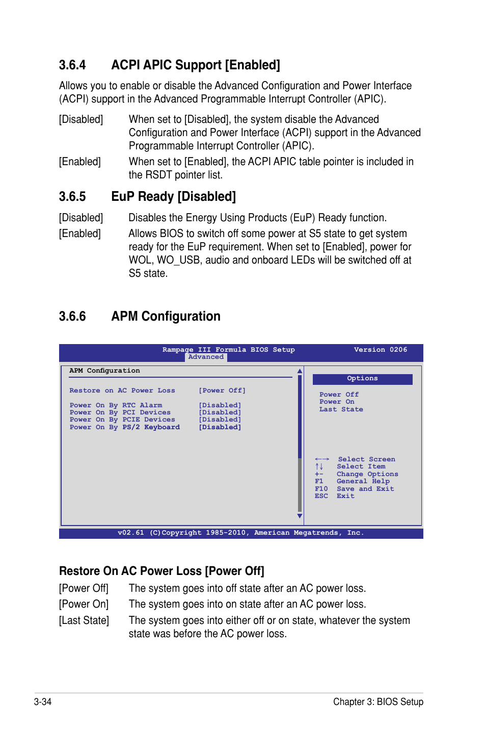 Apm configuration, 4 acpi apic support �enabled, 5 eup ready �disabled | Restore on ac power loss �power off | Asus Rampage III Formula User Manual | Page 118 / 172