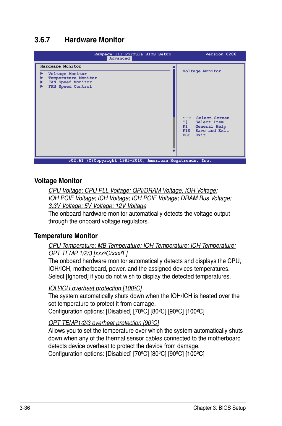 7 hardware monitor, Voltage monitor, Temperature monitor | Asus Rampage III Formula User Manual | Page 120 / 172