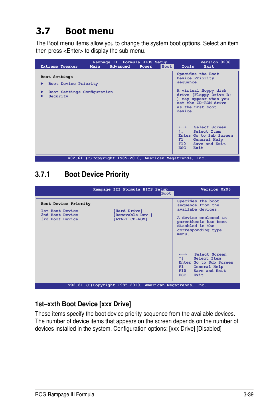 7 boot menu, 1 boot device priority, 1st–xxth boot device �xxx drive | Rog rampage iii formula 3-39 | Asus Rampage III Formula User Manual | Page 123 / 172