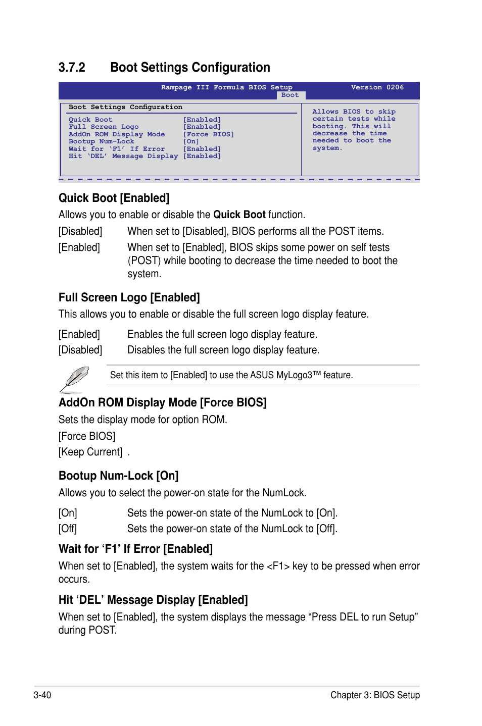 2 boot settings configuration, Quick boot �enabled, Full screen logo �enabled | Addon rom display mode �force bios, Bootup num-lock �on, Wait for ‘f1’ if error �enabled, Hit ‘del’ message display �enabled | Asus Rampage III Formula User Manual | Page 124 / 172