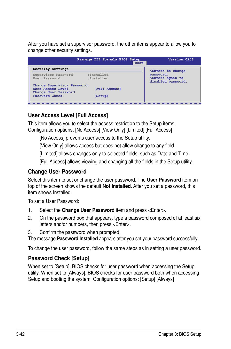 User access level �full access, Change user password, Password check �setup | Asus Rampage III Formula User Manual | Page 126 / 172