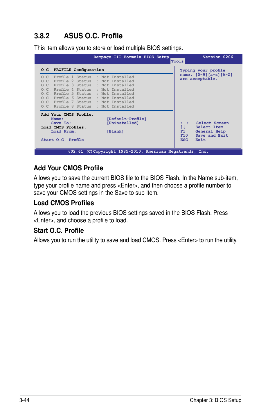 2 asus o.c. profile, Add your cmos profile, Load cmos profiles | Start o.c. profile | Asus Rampage III Formula User Manual | Page 128 / 172