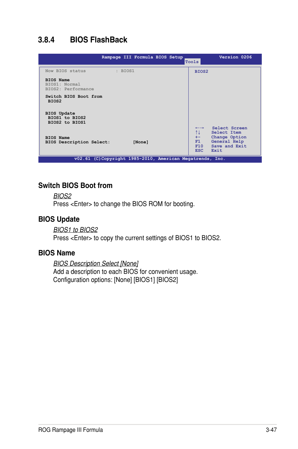 4 bios flashback, Switch bios boot from, Bios update | Bios name | Asus Rampage III Formula User Manual | Page 131 / 172