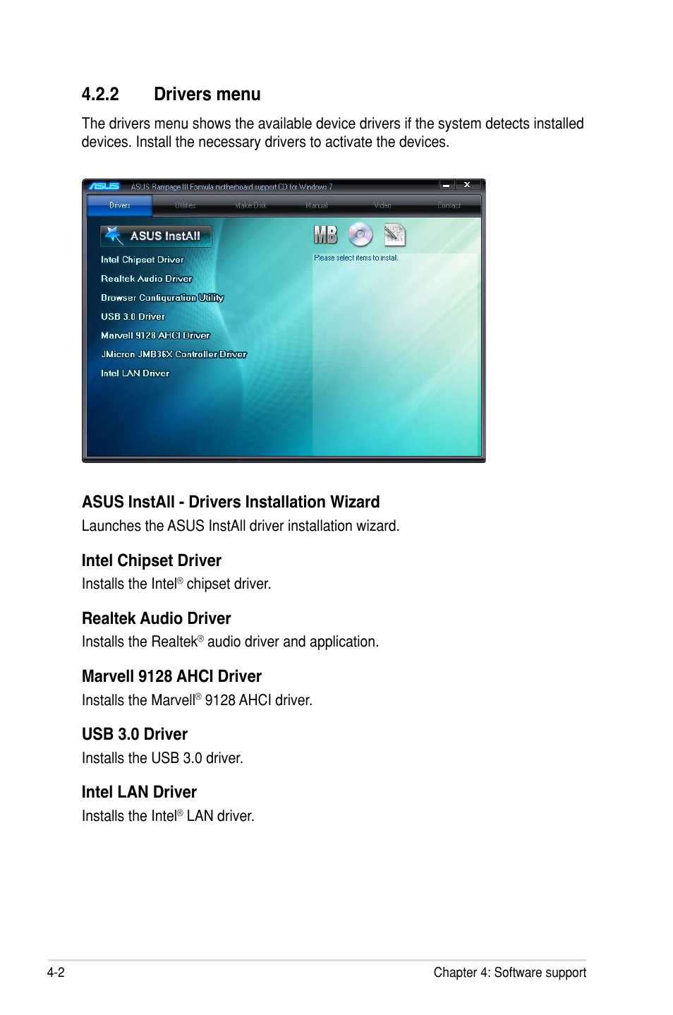 2 drivers menu, Asus install - drivers installation wizard, Intel chipset driver | Realtek audio driver, Marvell 9128 ahci driver, Usb 3.0 driver, Intel lan driver | Asus Rampage III Formula User Manual | Page 138 / 172