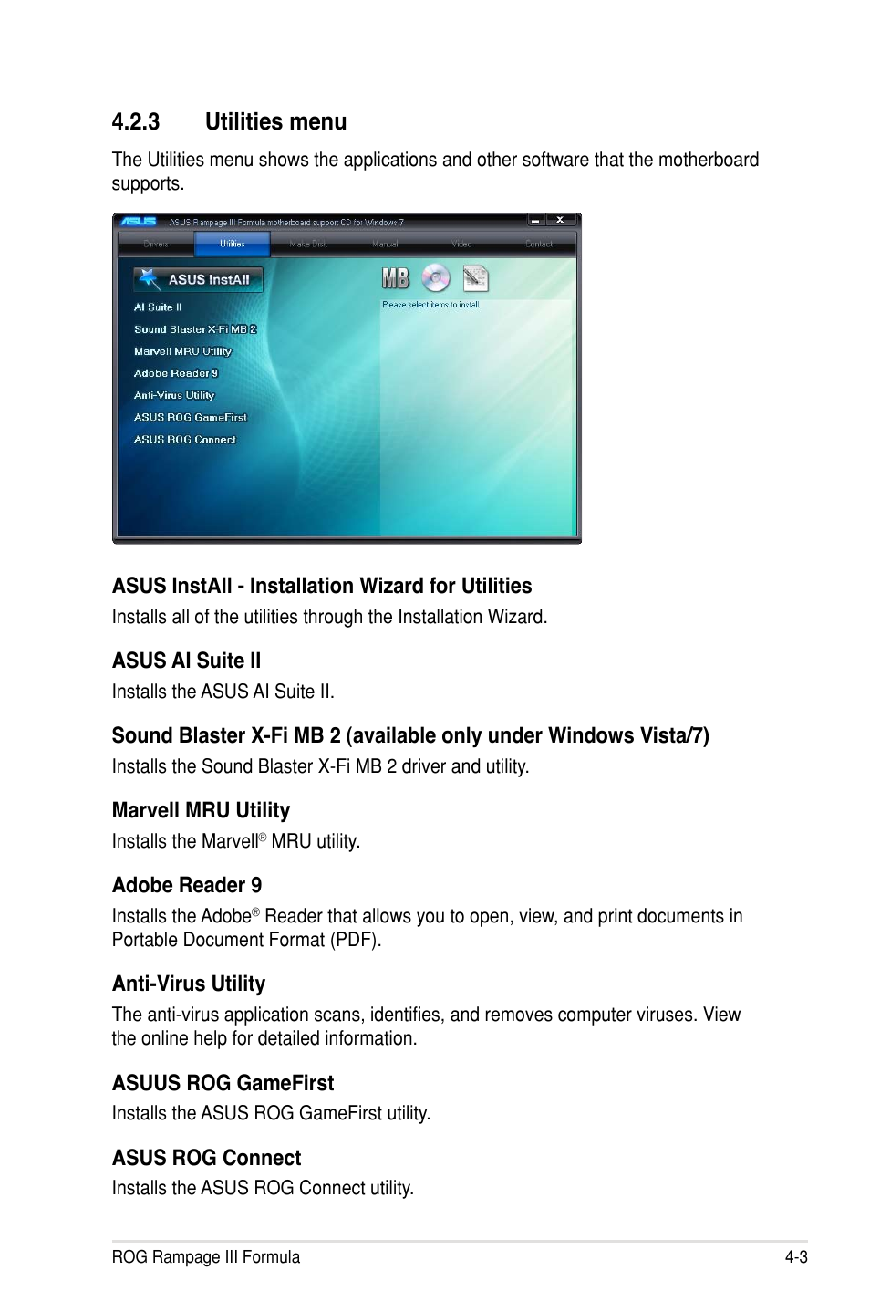 3 utilities menu | Asus Rampage III Formula User Manual | Page 139 / 172