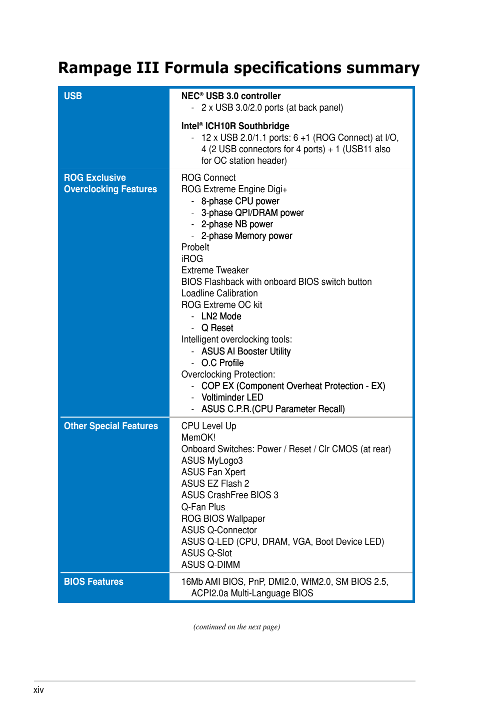 Rampage iii formula specifications summary | Asus Rampage III Formula User Manual | Page 14 / 172