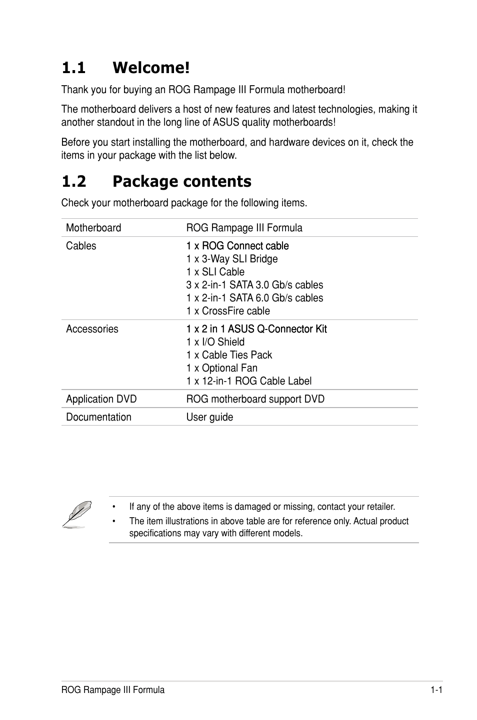 1 welcome, 2 package contents | Asus Rampage III Formula User Manual | Page 19 / 172