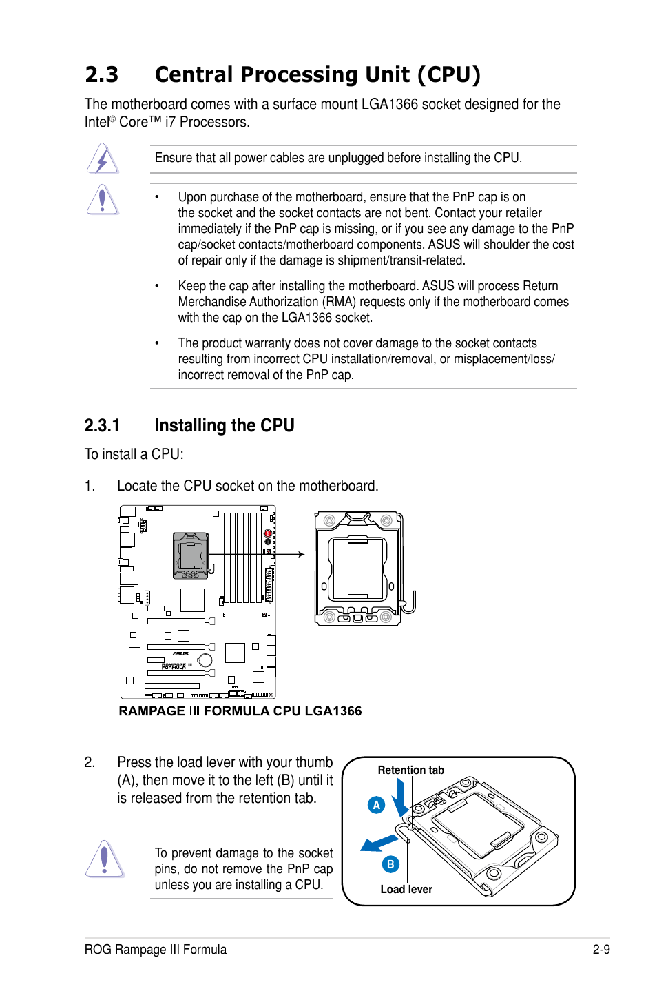 3 central processing unit (cpu), 1 installing the cpu | Asus Rampage III Formula User Manual | Page 37 / 172