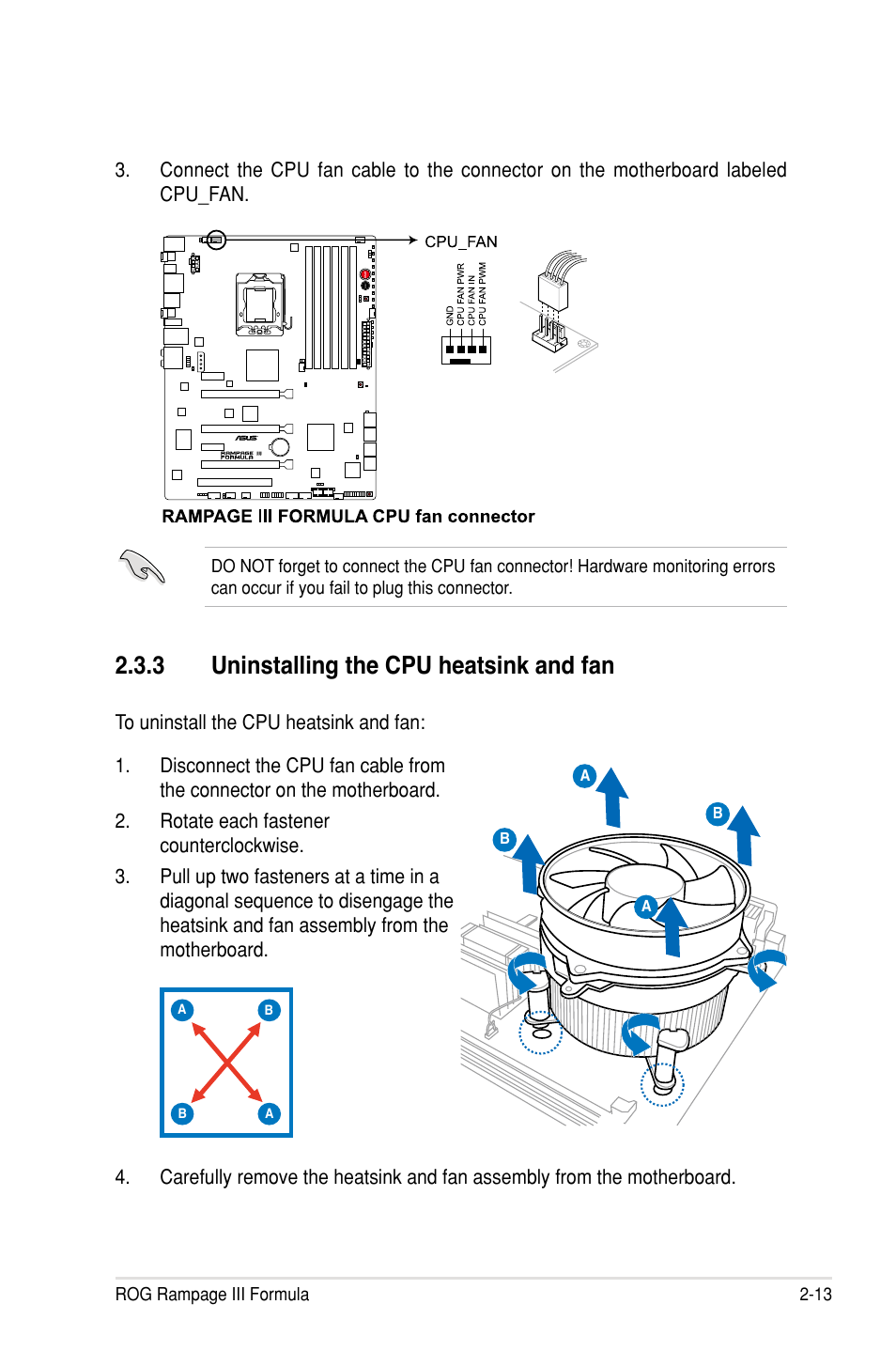 3 uninstalling the cpu heatsink and fan | Asus Rampage III Formula User Manual | Page 41 / 172