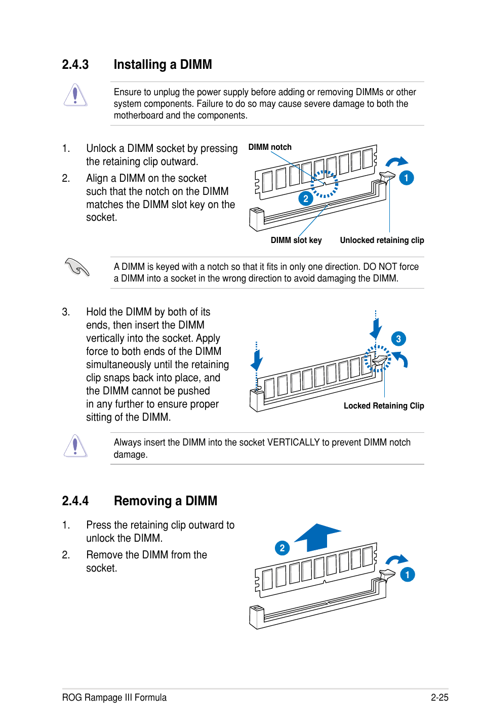 4 removing a dimm, 3 installing a dimm | Asus Rampage III Formula User Manual | Page 53 / 172