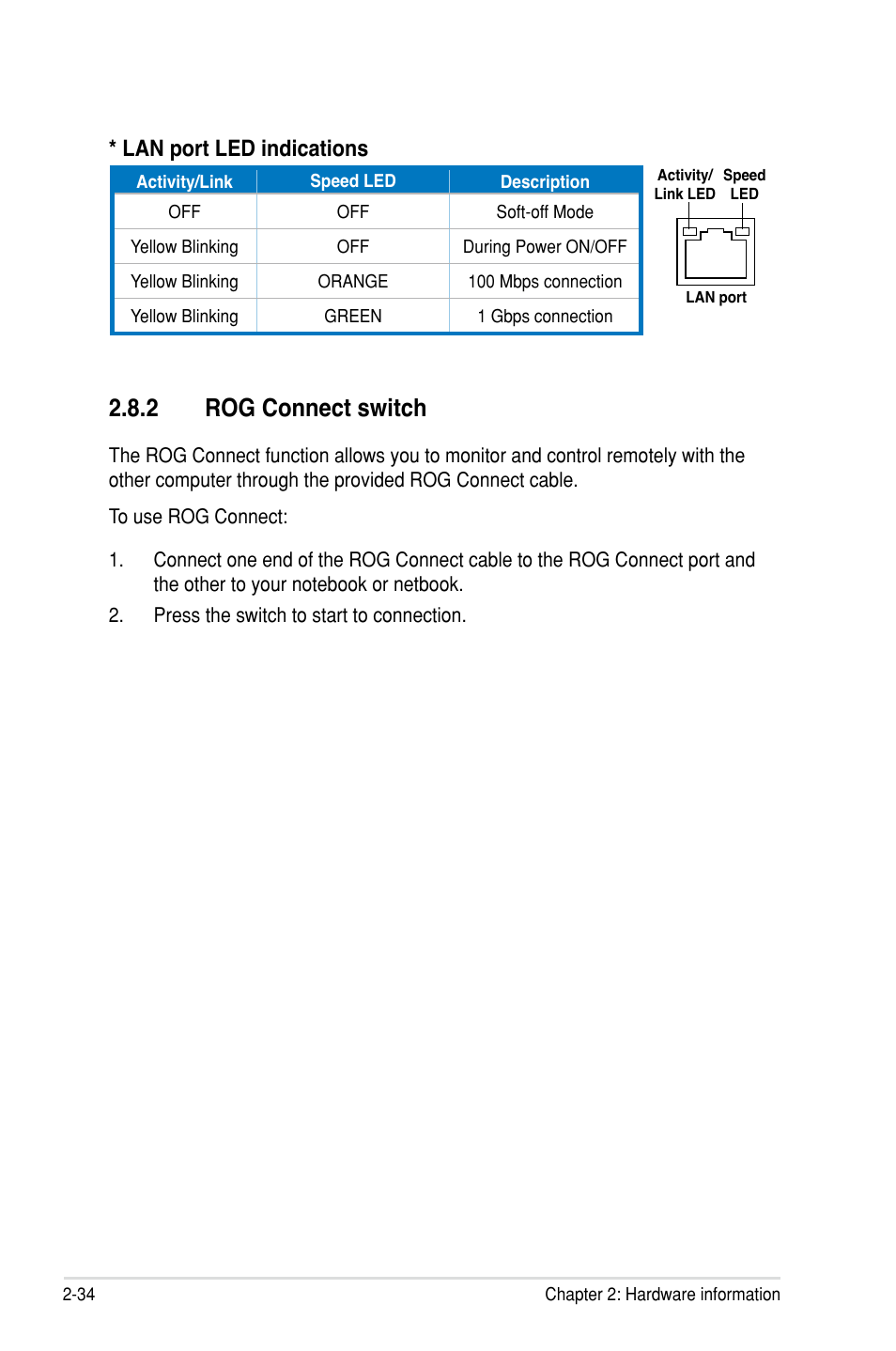 2 rog connect switch, Lan port led indications | Asus Rampage III Formula User Manual | Page 62 / 172