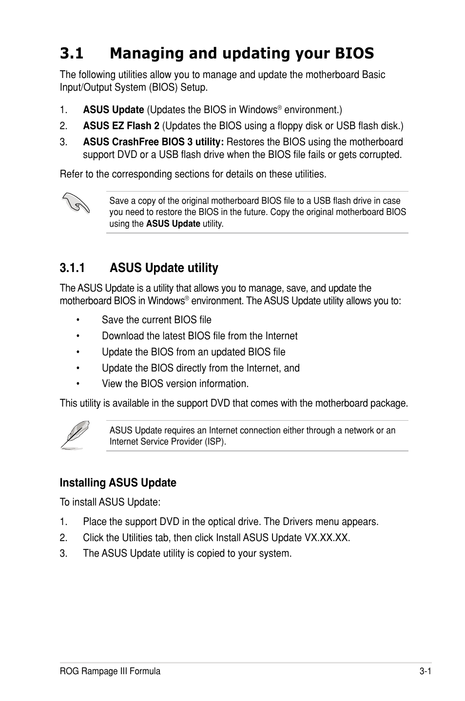 1 managing and updating your bios, 1 asus update utility | Asus Rampage III Formula User Manual | Page 85 / 172