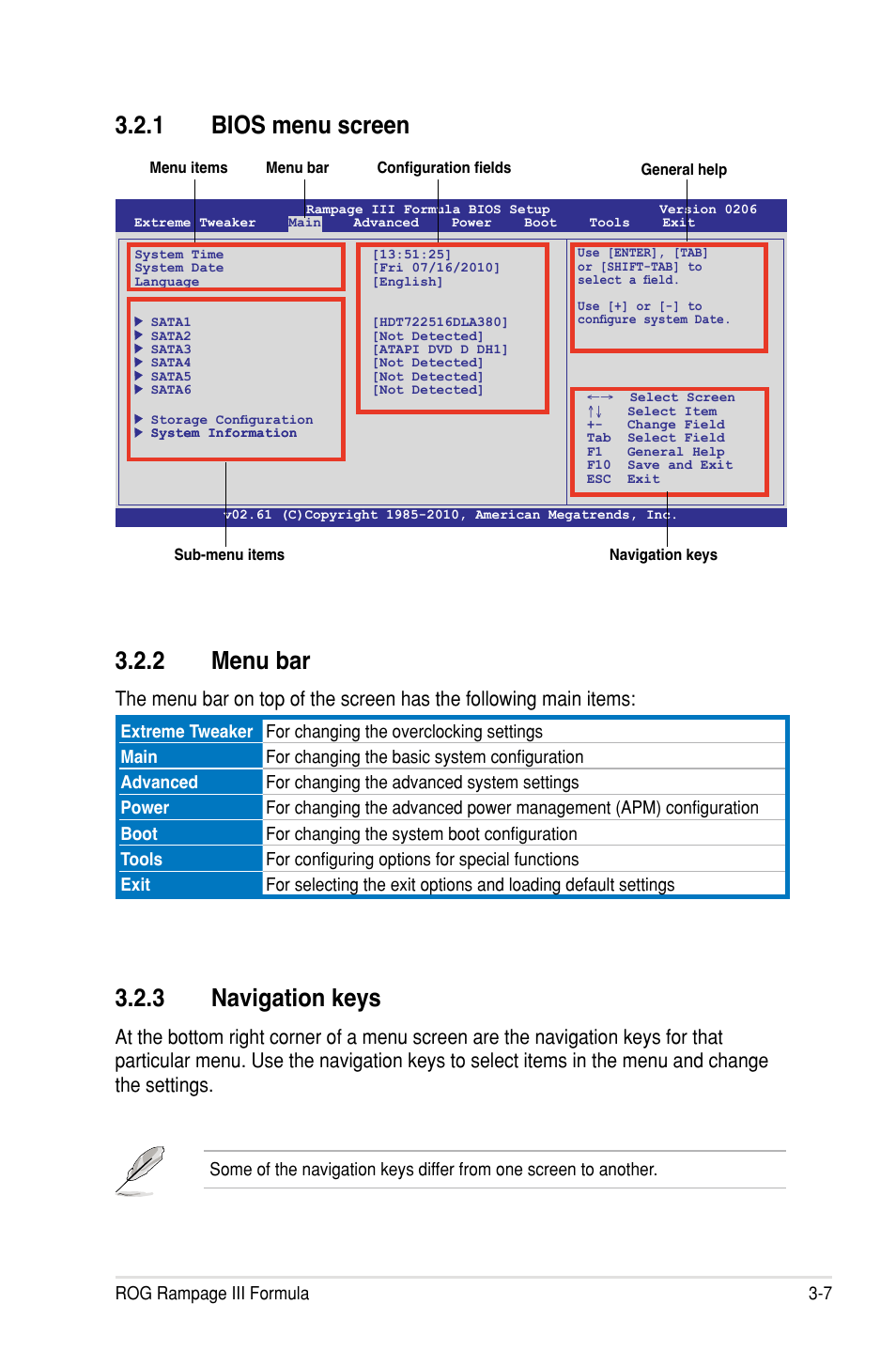 3 navigation keys, 1 bios menu screen, 2 menu bar | Asus Rampage III Formula User Manual | Page 91 / 172