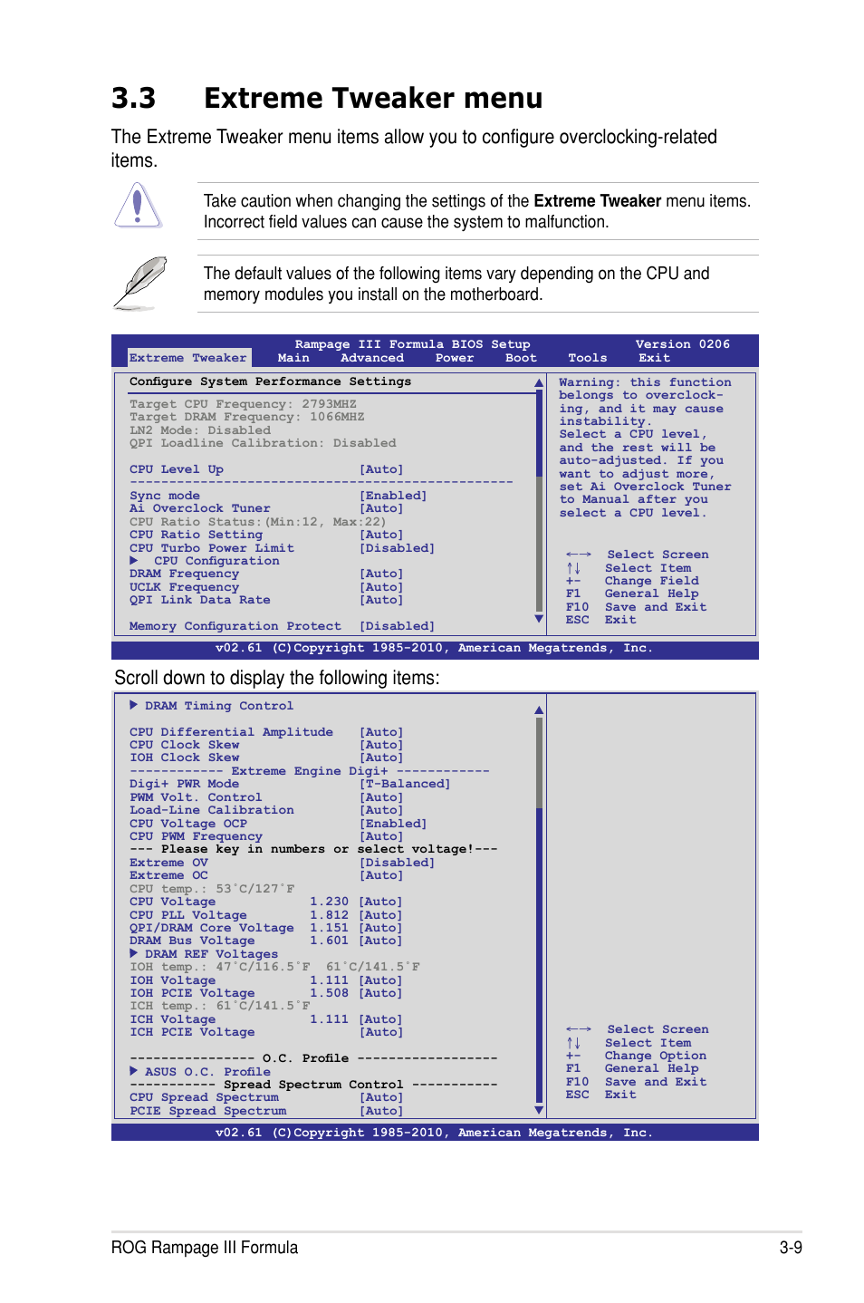 3 extreme tweaker menu, Scroll down to display the following items, Rog rampage iii formula 3-9 | Asus Rampage III Formula User Manual | Page 93 / 172