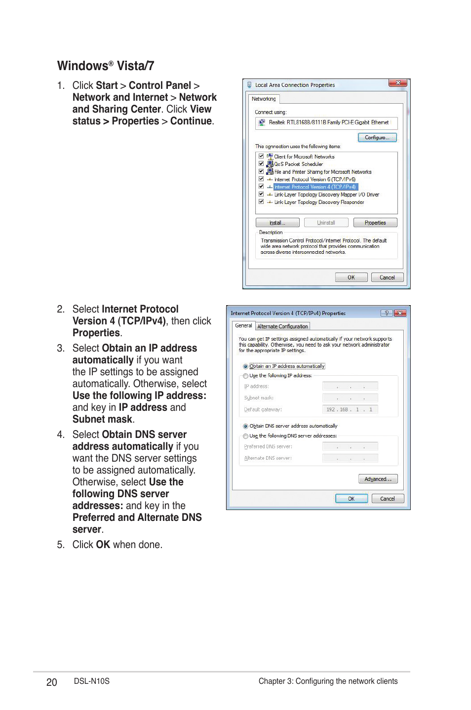 Windows, Vista/7 | Asus DSL-N10S User Manual | Page 20 / 62