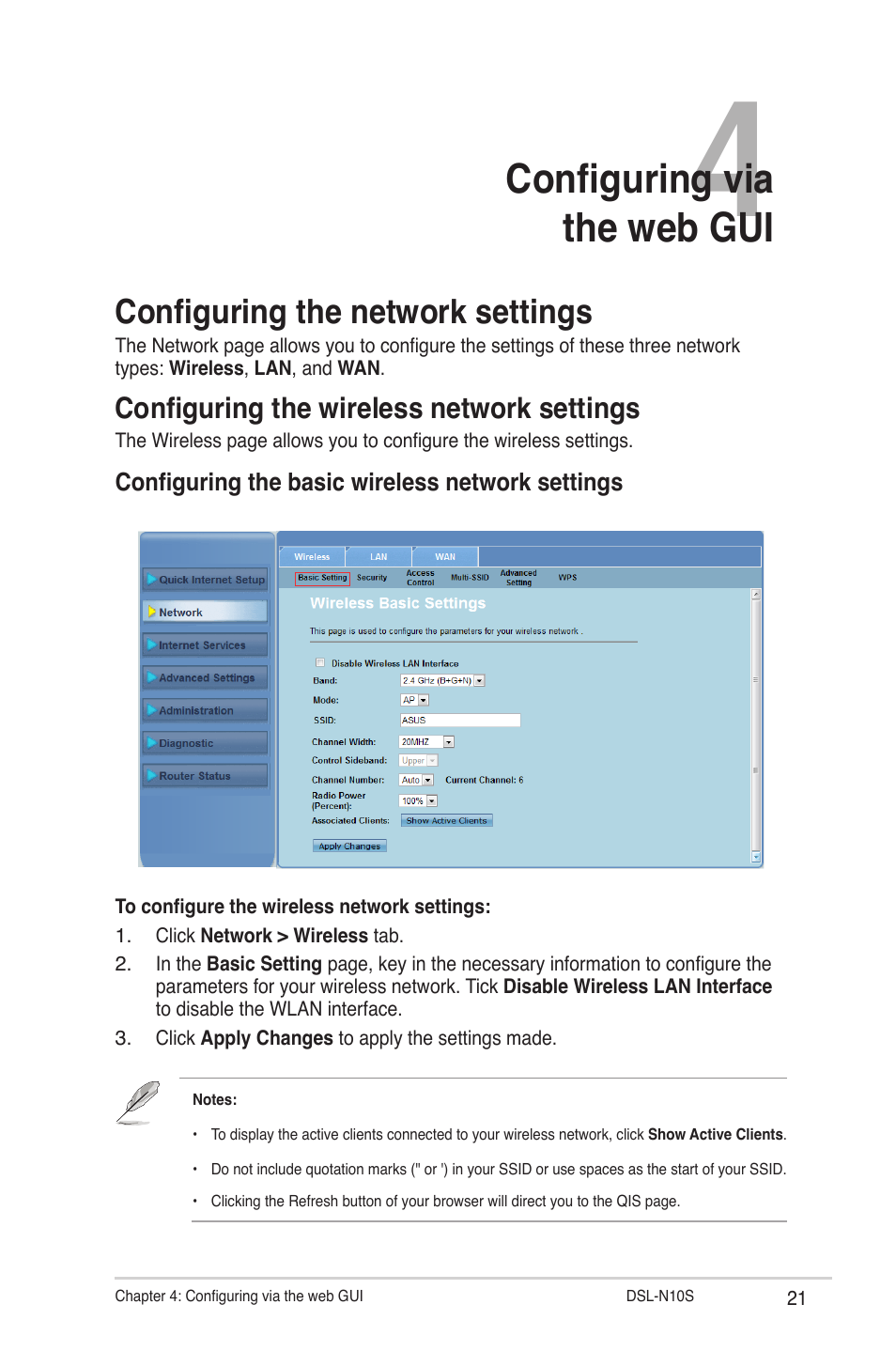 Chapter 4: configuring via the web gui, Configuring the network settings, Configuring the wireless network settings | Configuring via the web gui | Asus DSL-N10S User Manual | Page 21 / 62