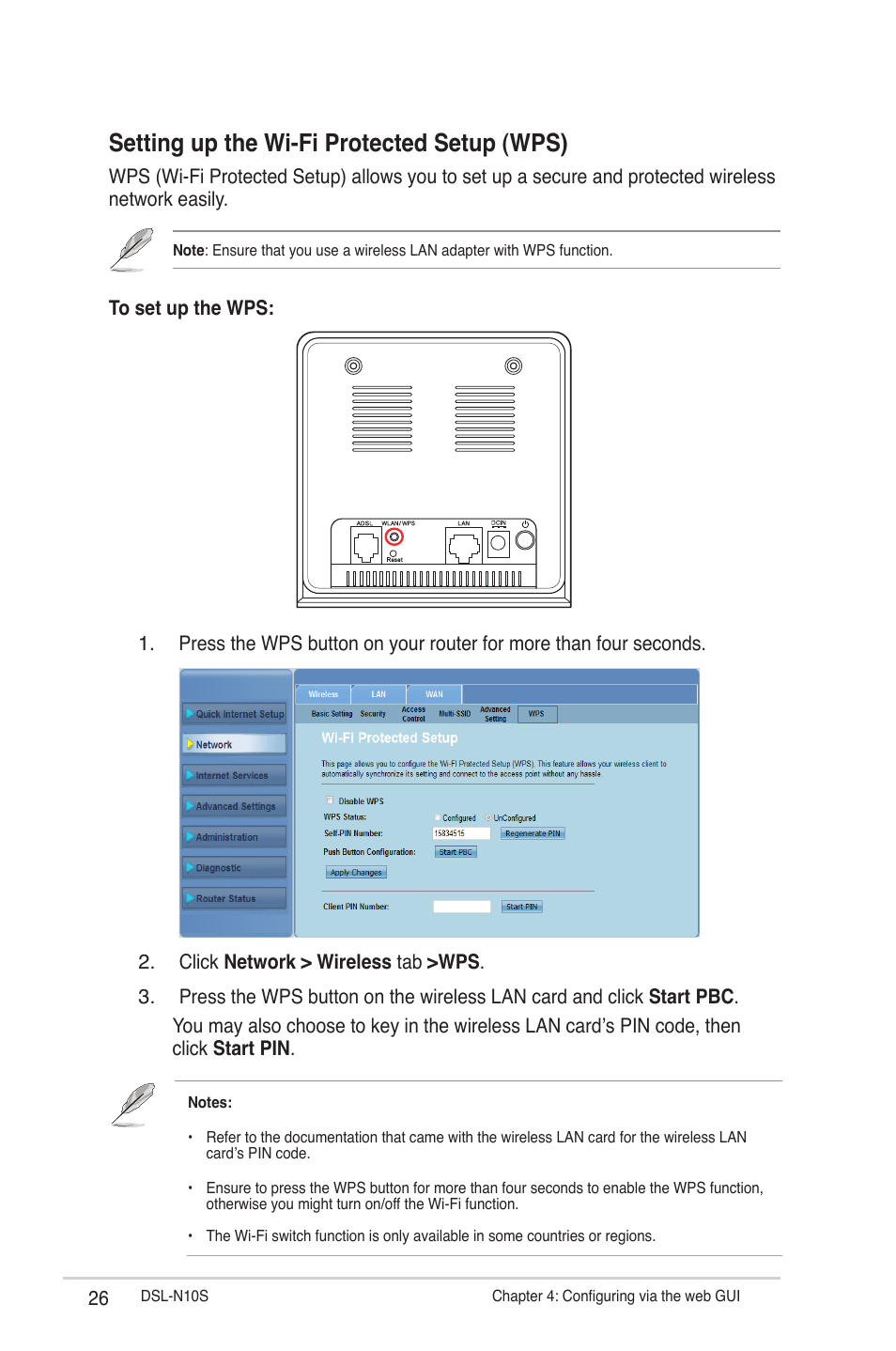 Setting up the wi-fi protected setup (wps) | Asus DSL-N10S User Manual | Page 26 / 62