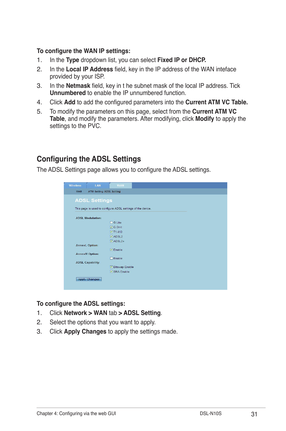 Configuring the adsl settings | Asus DSL-N10S User Manual | Page 31 / 62