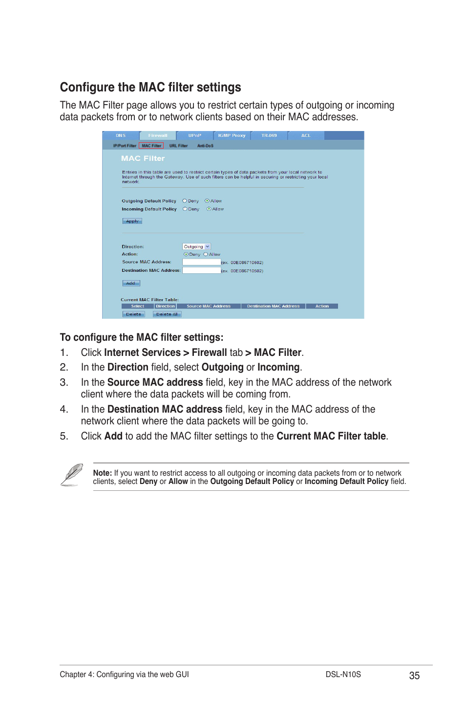 Configure the mac filter settings | Asus DSL-N10S User Manual | Page 35 / 62