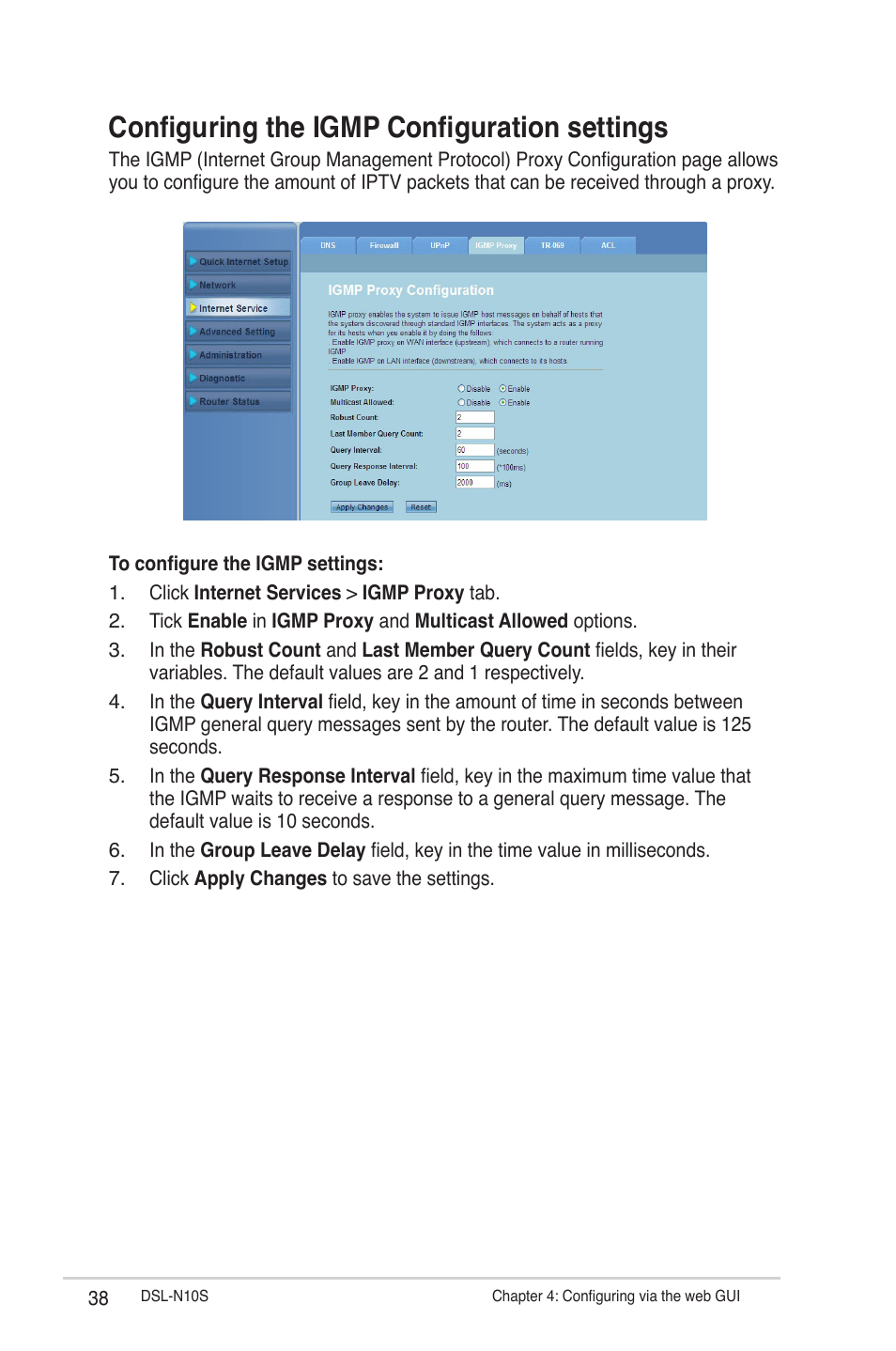 Configuring the igmp configuration settings | Asus DSL-N10S User Manual | Page 38 / 62