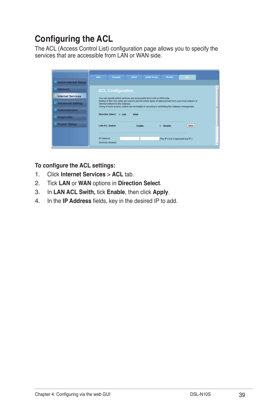 Configuring the acl | Asus DSL-N10S User Manual | Page 39 / 62