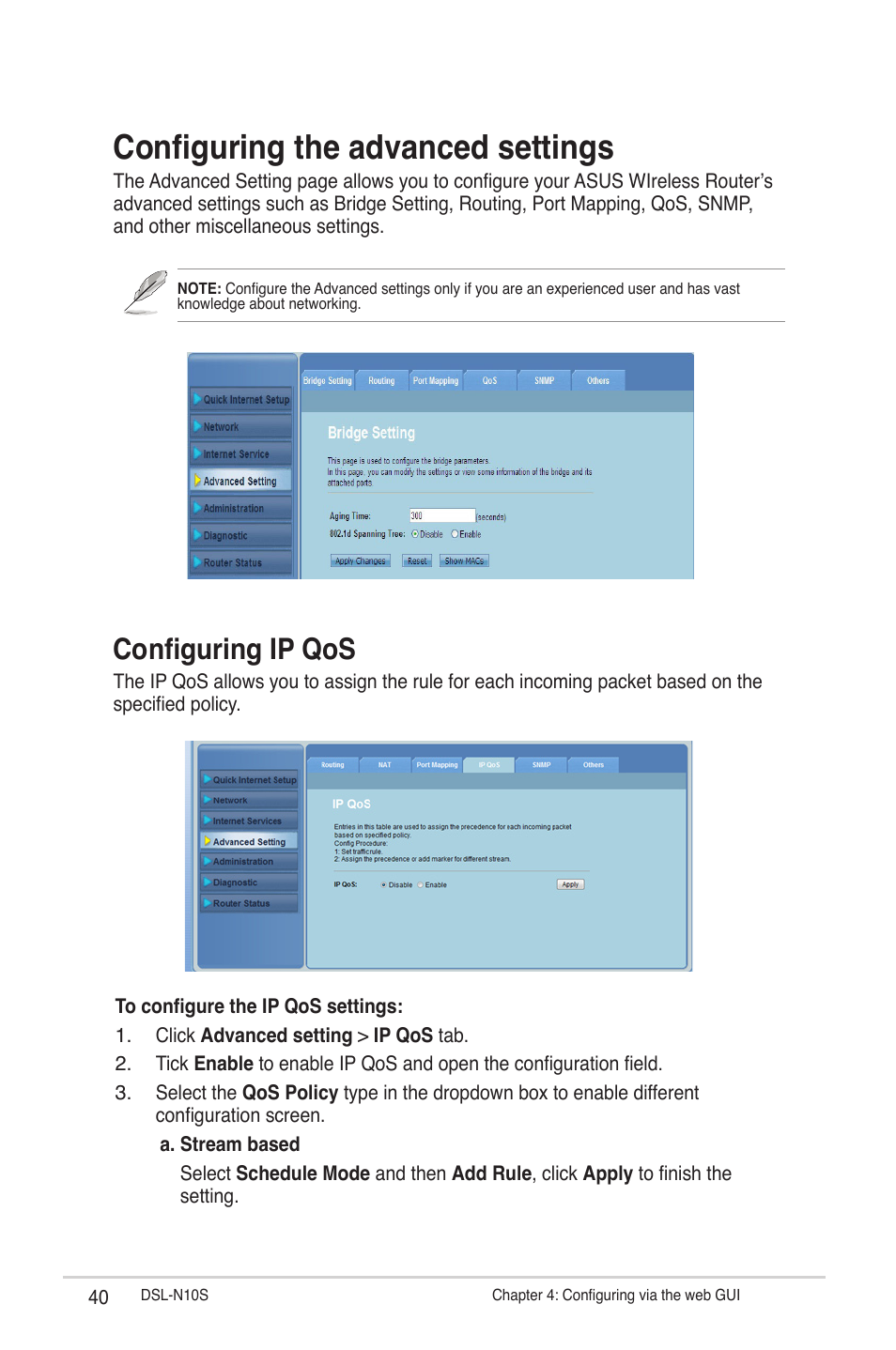 Configuring the advanced settings, Configuring ip qos | Asus DSL-N10S User Manual | Page 40 / 62