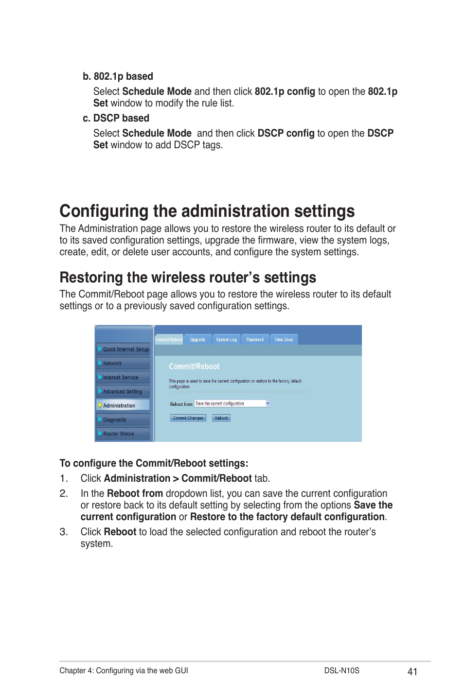 Configuring the administration settings, Restoring the wireless router’s settings | Asus DSL-N10S User Manual | Page 41 / 62